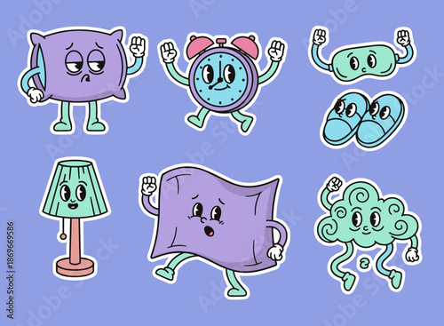 Retro Cartoon Sleep and Bedtime Characters Set with Pillow Alarm Clock Eye Mask Slippers Lamp Blanket and Cloud Stickers in Vintage Style