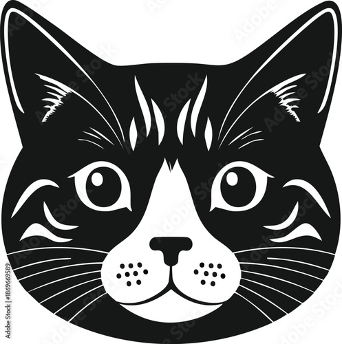 Cute black and white cat face illustration, tuxedo kitten head vector with whiskers and alert ears. Pet portrait icon for animal welfare, veterinary clinics, and feline lovers branding.