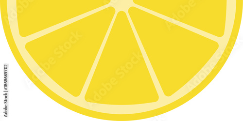 Lemon slice half circle illustration, bright yellow citrus fruit with segments and rind details. Refreshing summer food icon for juice bars, lemonade stands, healthy recipes, and organic fruit.