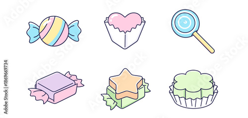 Sweet candy and cupcake collection featuring heart and star shaped chocolates and lollipops in cute mbe cartoon style for dessert shop