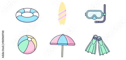 Summer beach vacation icons set with lifebuoy surfboard snorkeling mask ball umbrella and flippers for tropical holiday and sea travel