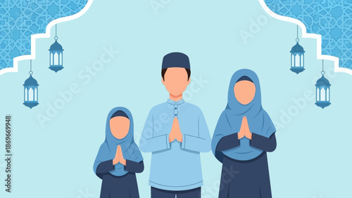 Muslim family praying together in blue traditional clothing at home
