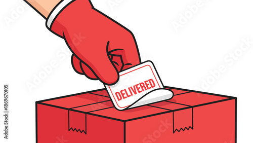 Red Gloved Hand Placing "Delivered" Sticker on Red Package