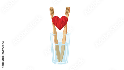 Two eco-friendly wooden toothbrushes placed in a clear glass, symbolizing love and care for dental health and sustainability.