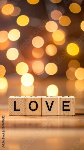 Love in Focus - Wooden Blocks with Bokeh Lights Background.