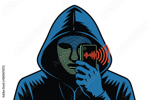 Hacker wearing a hood scans face using a smartphone for biometric security.