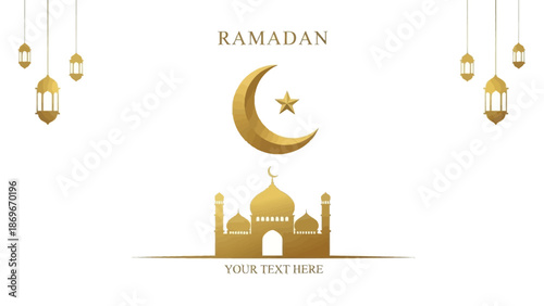 Golden Ramadan background with mosque, crescent moon and lanterns