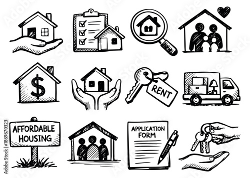 Hand drawn line art housing icons set featuring home ownership, renting, and moving concepts for real estate business