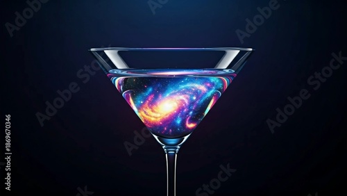 Cosmic Martini Glass with Galaxy Swirl on Dark Background