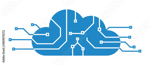 Blue cloud shape incorporates digital circuit board patterns representing.