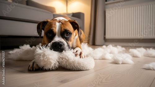 Mischievous Boxer dog caught red-pawed amidst a messy living room floor, surrounded by torn toy stuffing, looking with a comical blend of guilt and playful innocence after a destructive spree