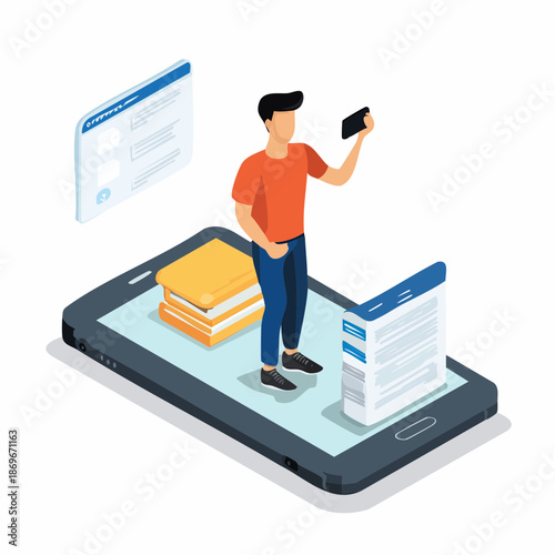 Man engaging with a mobile e-learning platform, symbolizing online education, digital content interaction, and virtual knowledge acquisition for personal development