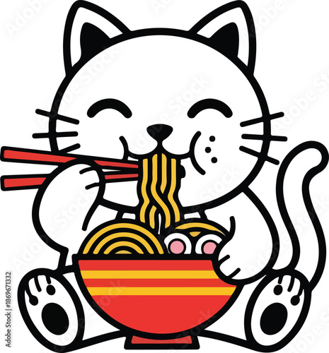 Cute cartoon cat happily eating noodles with chopsticks.