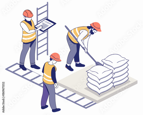 Construction site supervisors overseeing cement material inspection, ensuring quality control, efficient use, and proper standards for worksite productivity.