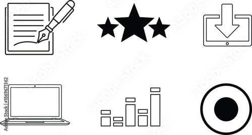 Collection of business and rating icons including document stars laptop and graph