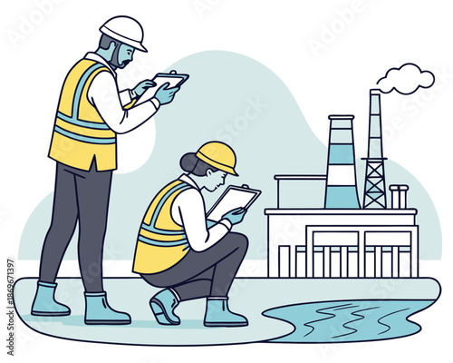 Water quality and radiation monitoring by environmental inspectors near a nuclear power plant, ensuring public safety and ecological sustainability.