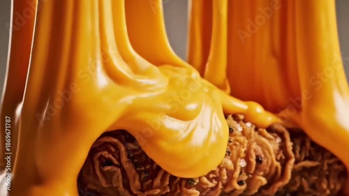 Extreme close-up of crispy fried chicken seasoned with pepper and salt being covered in thick melting cheese sauce. Macro food commercial animation