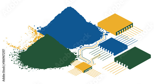 Powdered chemical components interact with integrated circuit microchips in.