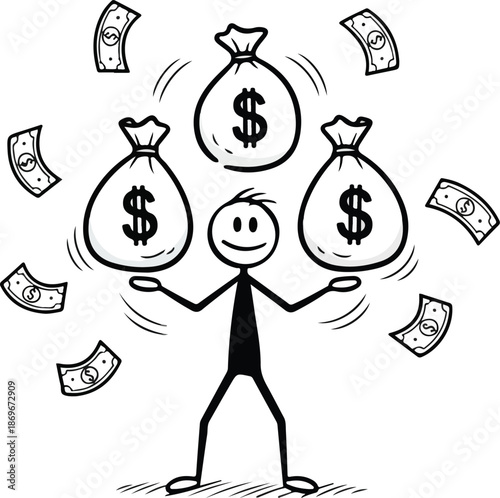 Man Jumping with Money Bags and Cash.