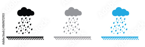 Rainy weather icons in black, gray, and blue colors. simple rain cloud icons, one line art and one solid black, isolated on white. Dark gray rain cloud isolated flat vector illustration