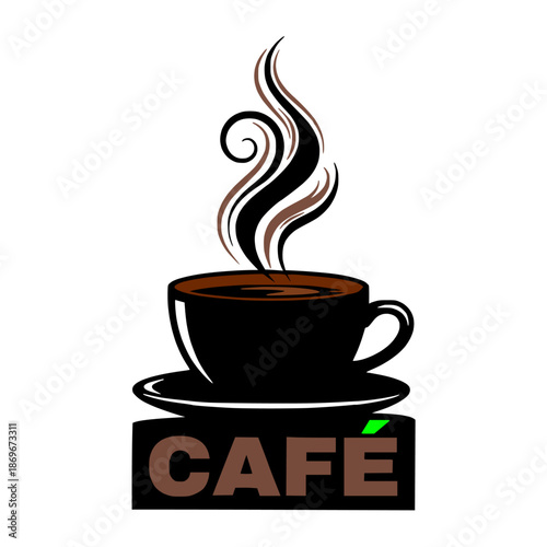 Cafe Logo Design featuring a Steaming Coffee Cup on a Saucer with the Word 'Cafe' Below