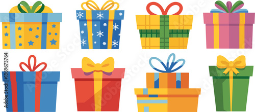 Set of colorful gift box vector illustrations, festive holiday present icons with bows for celebration design