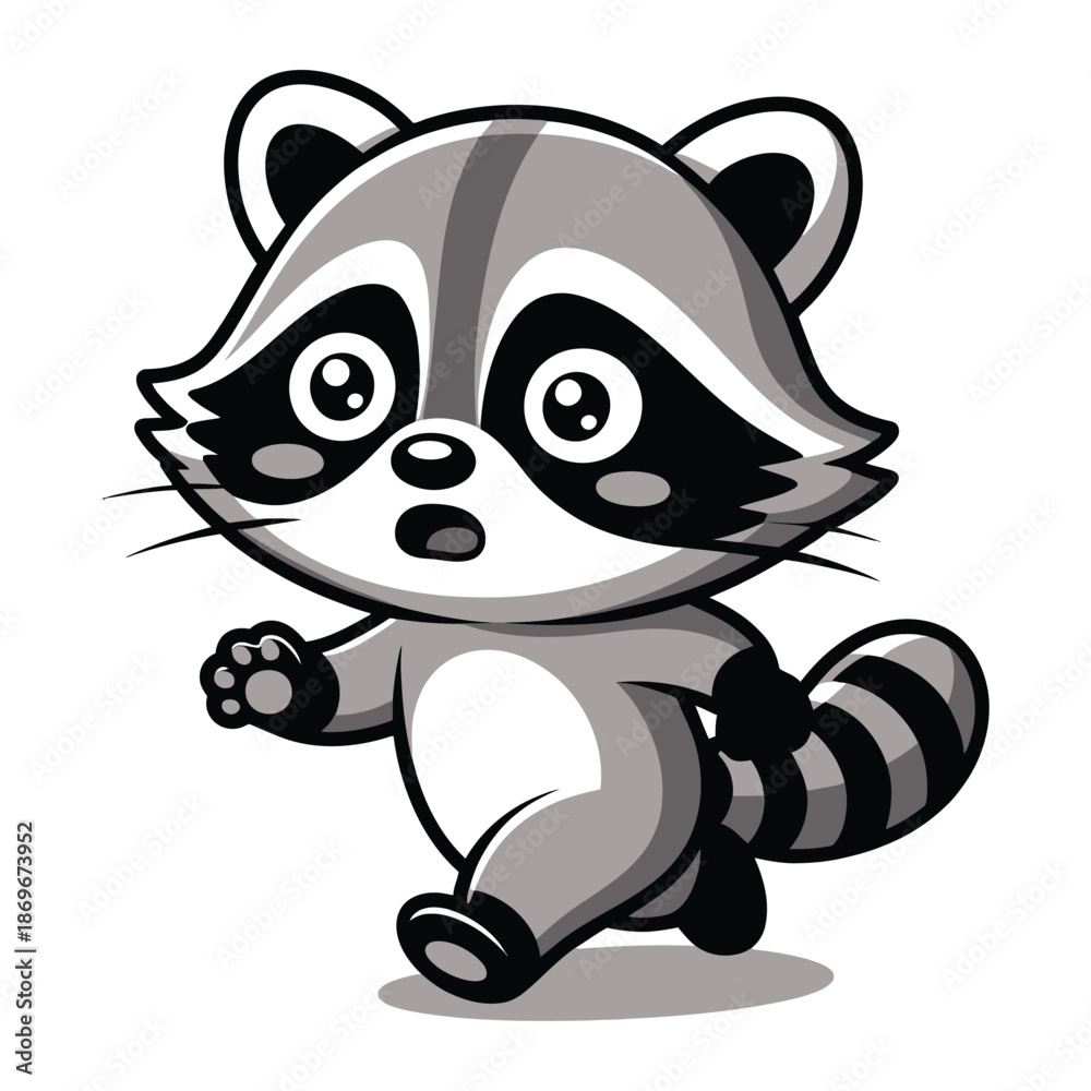 Naklejka premium A charming cartoon raccoon character is playfully walking forward showcasing its distinctive mask and striped tail.