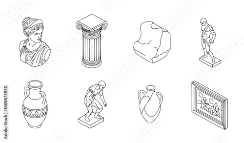 Isometric antique museum icons set with busts, sculptures, and vases
