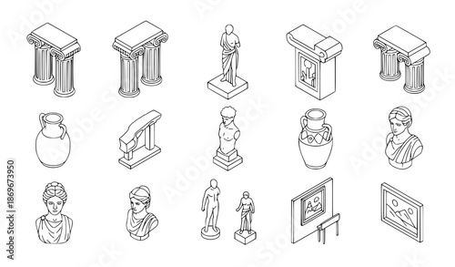 Museum art collection isometric line icons set with sculptures and antique objects