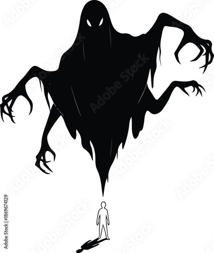 Terrifying spectral entity looming over a small human figure.