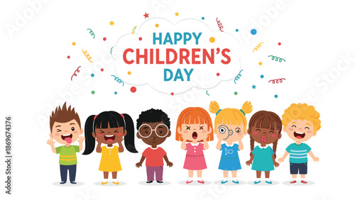 A cheerful and diverse group of children standing together with confetti, celebrating Happy Children's Day in a vibrant setting.