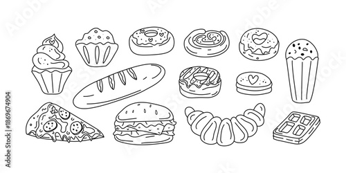 Baked goods, confectionery, sweets. Cakes, waffles, buns, bread, cupcakes, pizza, hamburgers. Donut with a heart. Set of linear icons, doodle drawing. Dessert Day. Food, dessert, cake. 