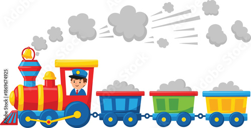 Colorful cartoon steam train vector illustration with happy conductor driving red locomotive pulling cargo wagons isolated on white background for kids