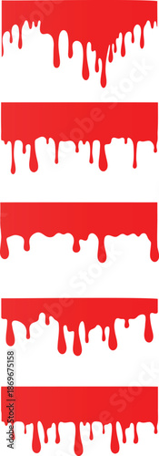 Red liquid drips on white background five times paint blood