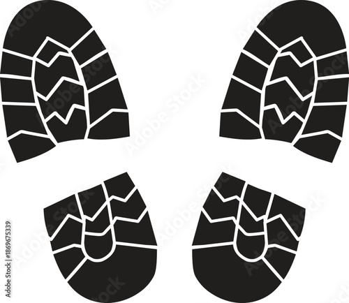 Pair of Black Boot Footprint Silhouettes with Detailed Tread Pattern, Walking or Hiking Shoe Sole Impressions for Evidence or Outdoors Concept, Human Trail Markings Vector Illustration