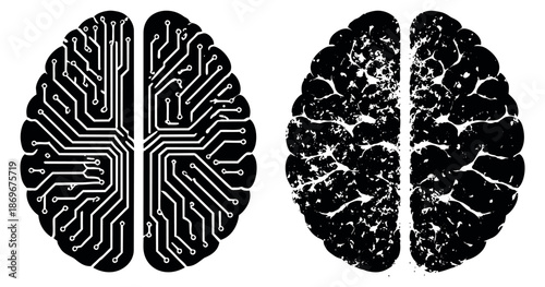Conceptual brain set featuring a circuit board design and a distressed grunge texture for artificial intelligence and organic thinking concepts