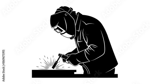 A welder wearing protective gear meticulously performs welding on a metal surface, creating a shower of bright sparks