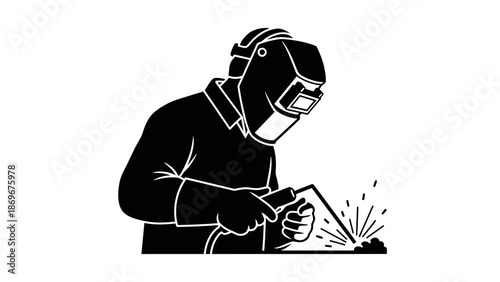 Silhouette of a welder wearing a protective mask, holding a welding torch, and creating sparks while working on a metal surface, representing industrial labor and skilled craftsmanship