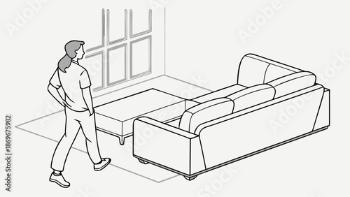 Woman moving modern sofa in minimalist living room with coffee table