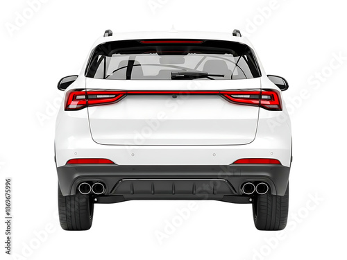 Rear view of a white suv with red taillights and black bumper