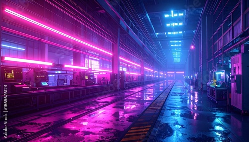 Cyberpunk Cityscape with Neon Lights and Wet Reflections.