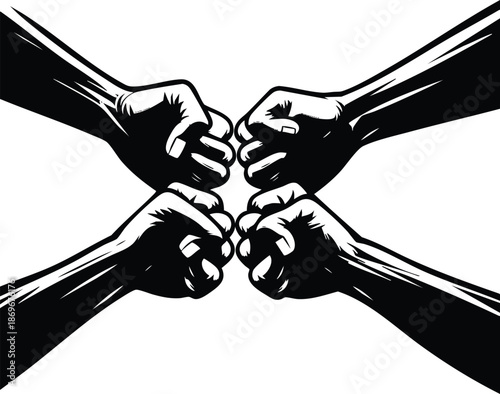 Four fists bumping together in a circle representing unity and teamwork a graphic illustration for business and collaboration concepts isolated on white background