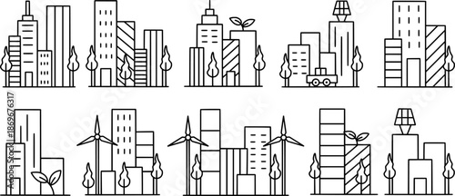 Green city icon set. Outline collection, including sustainable urban, building with tree, wind turbine, and eco. Vector illustration.