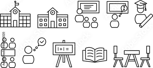 School icon set in outline style. Collection of education and knowledge, including learning, classroom, student, teacher, graduation and more. Vector illustration.
