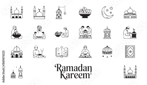 Eid al-fitr and ramadan line art icons featuring candles lanterns crescent moon and islamic food