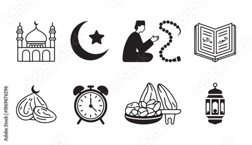PrintRamadan and islamic culture icon set featuring religious symbols mosque crescent moon and lantern