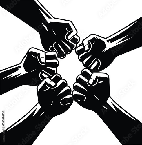 Group fist bump together symbolizing unity, strength, equality and social justice movements vector illustration