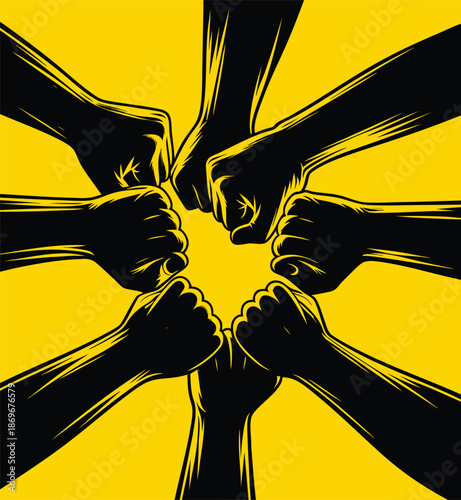 Group fist bump together symbolizing unity, strength, equality and social justice movements vector illustration