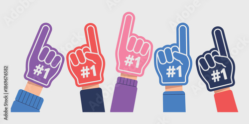 Cartoon hands in fan gloves flat vector illustration, featuring colorful gloves with fingers and number one, representing support, sports, fan clubs, and football team concepts for banners or landing 