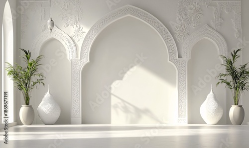 Minimalist Modern Mosque Interior with Elegant Arches and Natural Sunlight